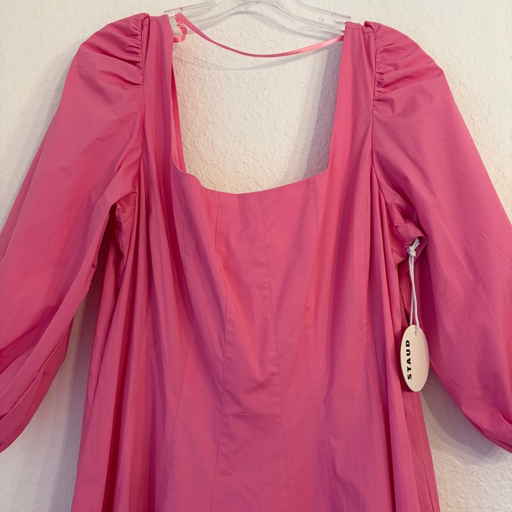 STAUD Swells Dress 16 Midi Puff Sleeve Cotton Poplin Wild Orchid Wedding FLAW - Picture 8 of 16